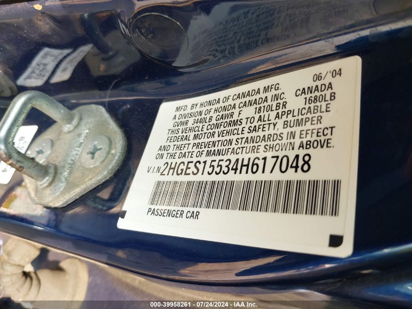 2004 Honda Civic Lx VIN: 2HGES15534H617048 Lot: 39958261