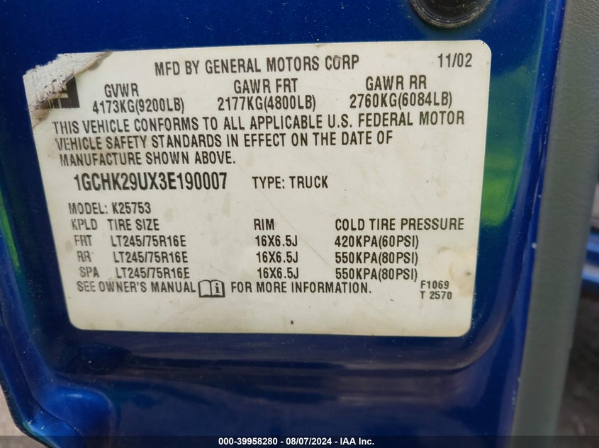 2003 Chevrolet Silverado 2500Hd Ls VIN: 1GCHK29UX3E190007 Lot: 39958280