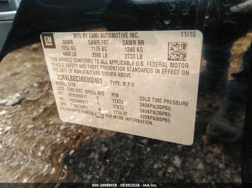 2CNALBEC3B6302401 2011 Chevrolet Equinox Ls