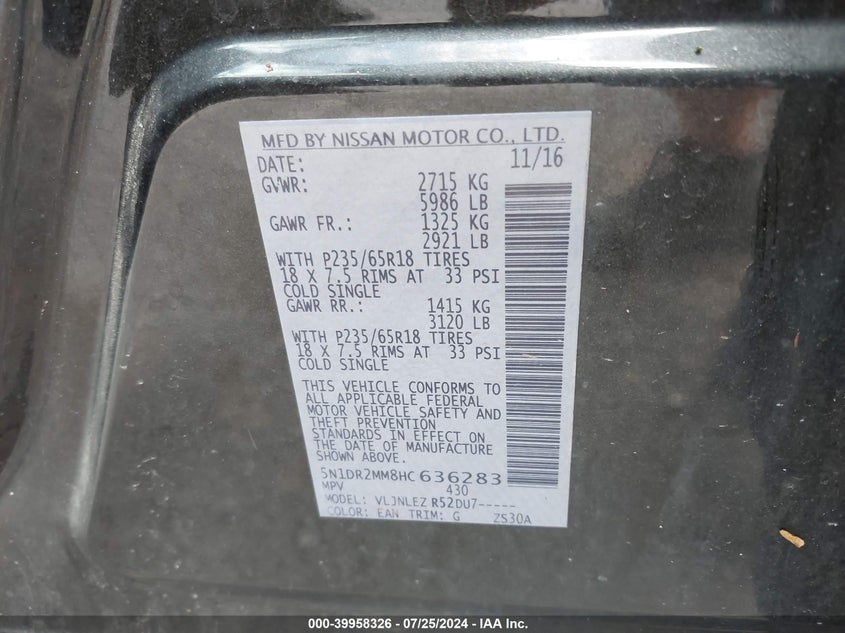 VIN 5N1DR2MM8HC636283 2017 NISSAN PATHFINDER SV