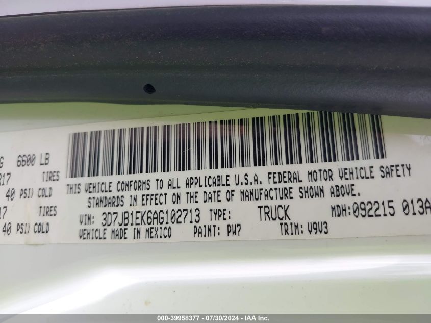 2010 Dodge Ram 1500 St VIN: 3D7JB1EK6AG102713 Lot: 39958377