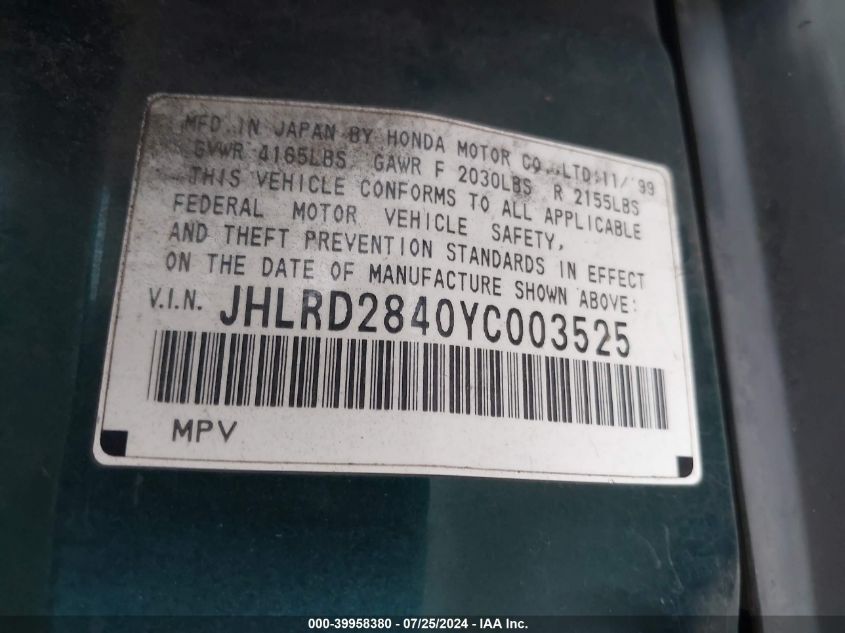 2000 Honda Cr-V Lx VIN: JHLRD2840YC003525 Lot: 39958380