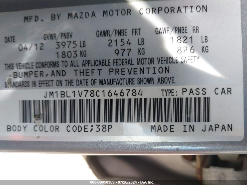 2012 Mazda 3 I VIN: JM1BL1V78C1646784 Lot: 39958389