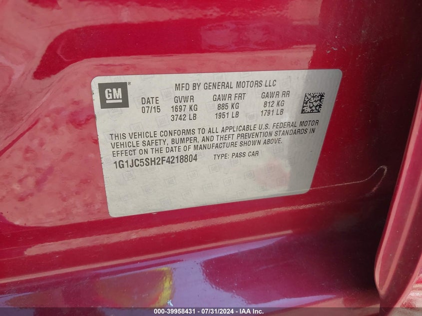 2015 Chevrolet Sonic Lt Auto VIN: 1G1JC5SH2F4218804 Lot: 39958431