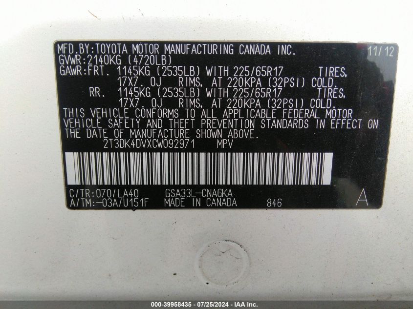 2012 Toyota Rav4 Limited V6 VIN: 2T3DK4DVXCW092971 Lot: 39958435