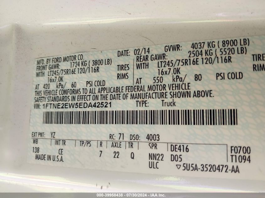 2014 Ford E-250 Commercial VIN: 1FTNE2EW5EDA42521 Lot: 39958438