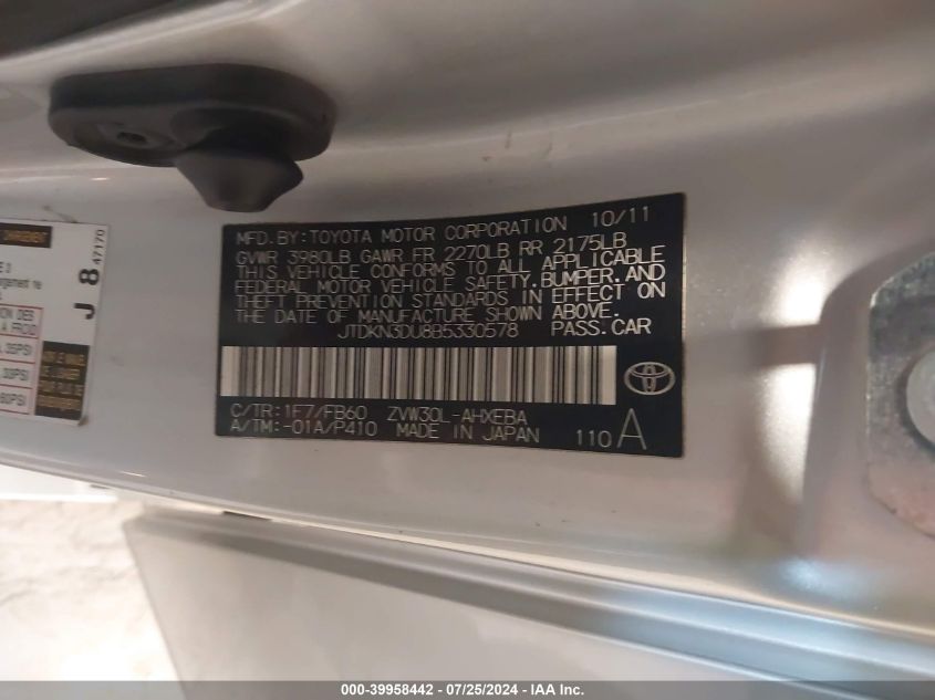 2011 Toyota Prius VIN: JTDKN3DU8B5330578 Lot: 39958442