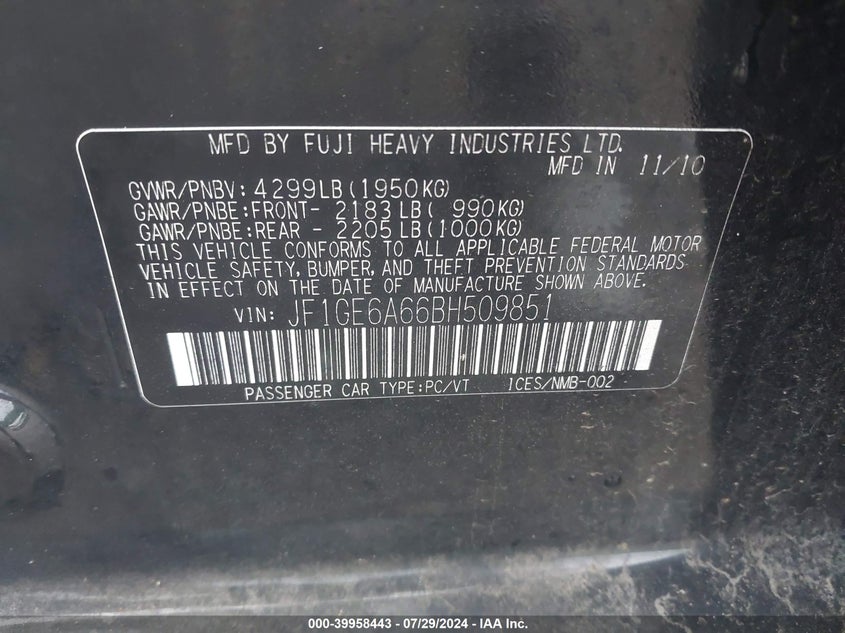 2011 Subaru Impreza 2.5I VIN: JF1GE6A66BH509851 Lot: 39958443