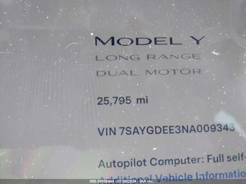 2022 Tesla Model Y VIN: 7SAYGDEE3NA009343 Lot: 39958444