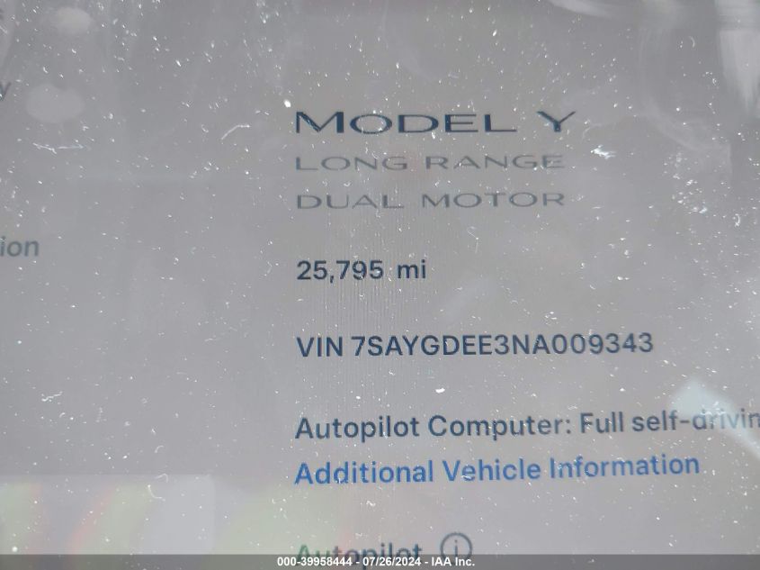 2022 Tesla Model Y VIN: 7SAYGDEE3NA009343 Lot: 39958444