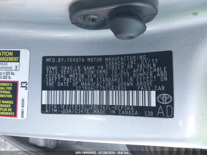 2011 Toyota Corolla S/Le VIN: 2T1BU4EE7BC562804 Lot: 39958452