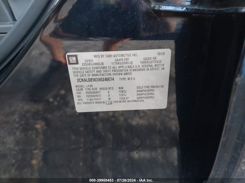 2010 Chevrolet Equinox Lt VIN: 2CNALDEW2A6248674 Lot: 39958453