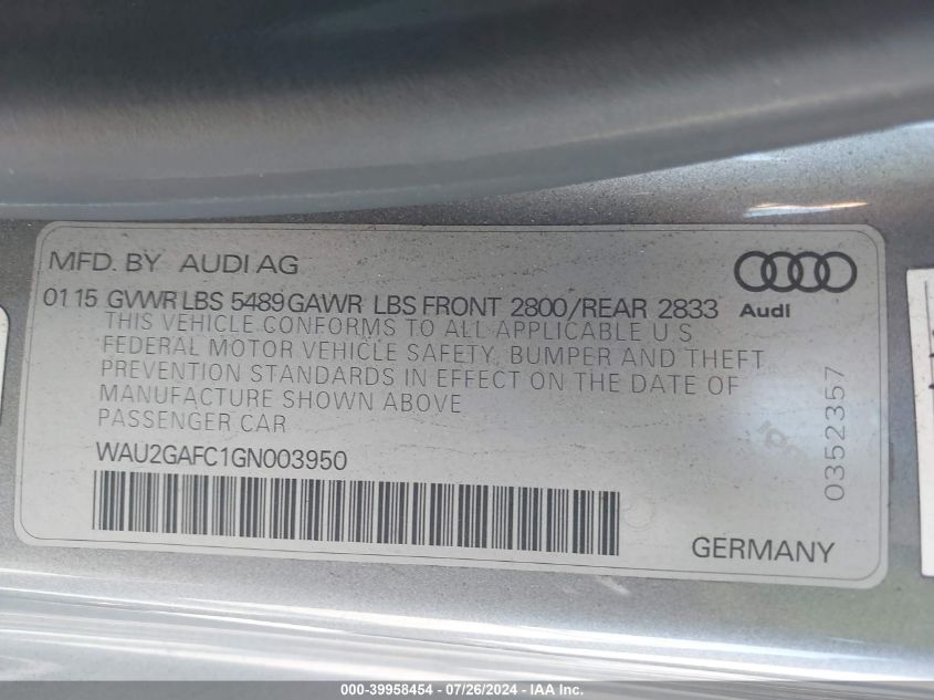 2016 Audi A7 Prestige VIN: WAU2GAFC1GN003950 Lot: 39958454