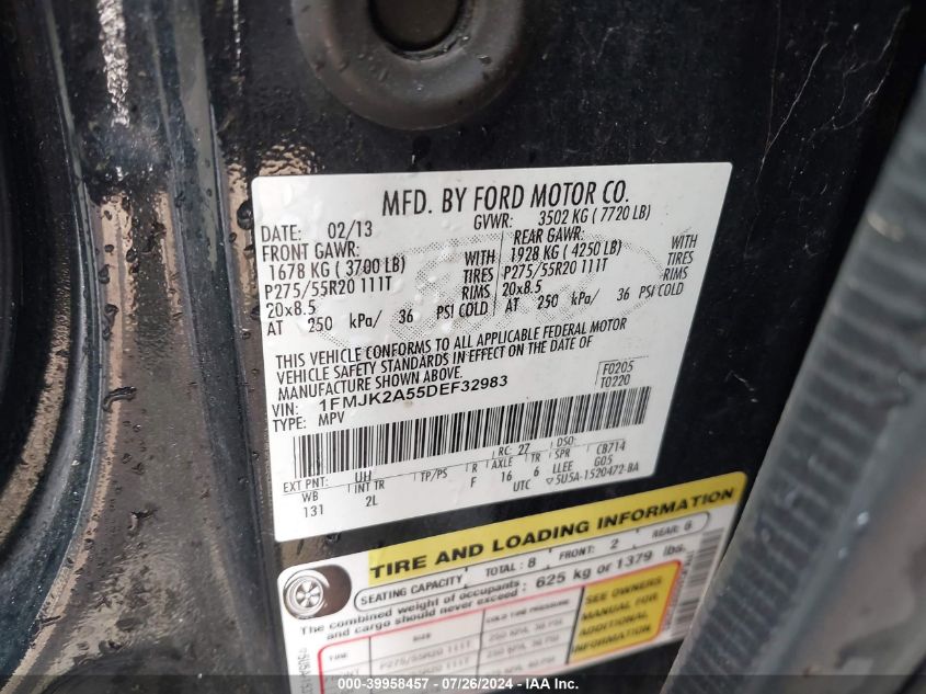 2013 Ford Expedition El Limited VIN: 1FMJK2A55DEF32983 Lot: 39958457