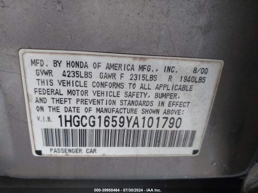 1HGCG1659YA101790 2000 Honda Accord 3.0 Ex