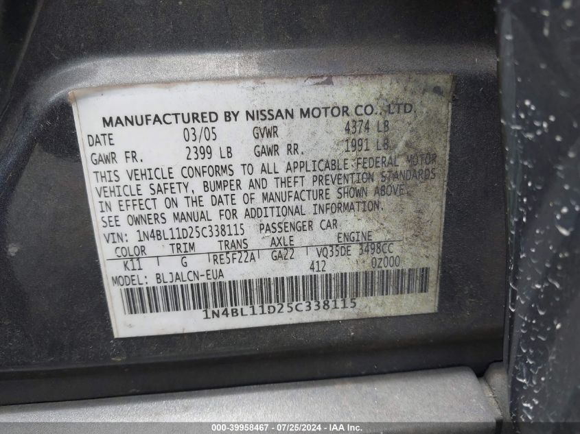 2005 Nissan Altima 3.5 Se VIN: 1N4BL11D25C338115 Lot: 39958467