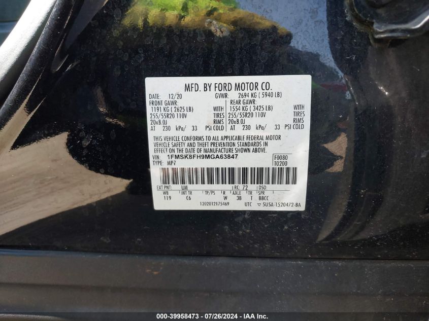 2021 Ford Explorer Limited VIN: 1FMSK8FH9MGA63847 Lot: 39958473