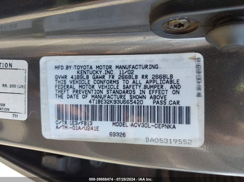 2003 Toyota Camry Le/Se/Xle VIN: 4T1BE32K93U665420 Lot: 39958474