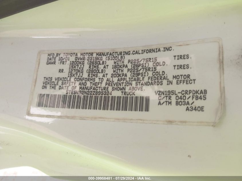 2002 Toyota Tacoma Prerunner V6 VIN: 5TESN92N22Z895324 Lot: 39958481