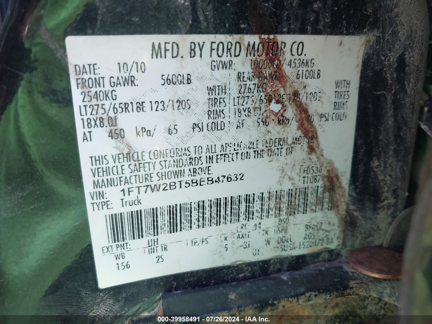 2011 Ford F-250 Super Duty VIN: 1FT7W2BT5BEB47632 Lot: 39958491