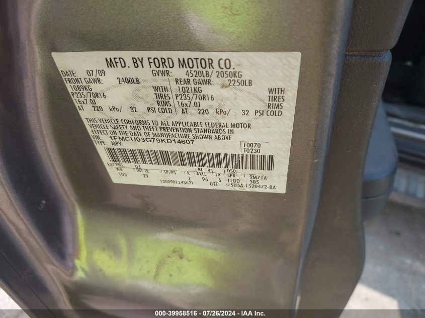 2009 Ford Escape Xlt VIN: 1FMCU03G79KD14607 Lot: 39958516