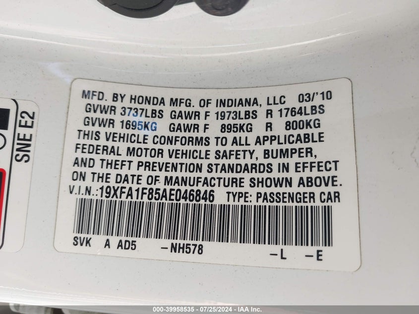 2010 Honda Civic Ex VIN: 19XFA1F85AE046846 Lot: 39958535