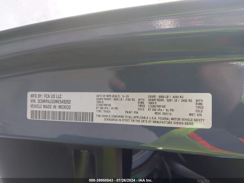 2021 Ram Promaster 3500 Cargo Van High Roof 159 Wb Ext VIN: 3C6MRVJG5ME549262 Lot: 39958543