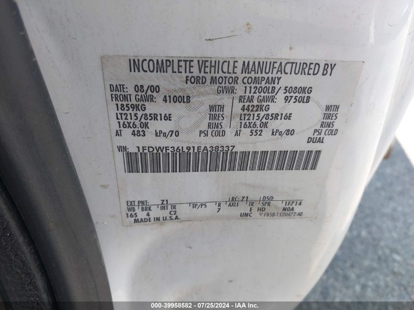 2001 Ford F-350 Xl/Xlt VIN: 1FDWF36L91EA38337 Lot: 39958582