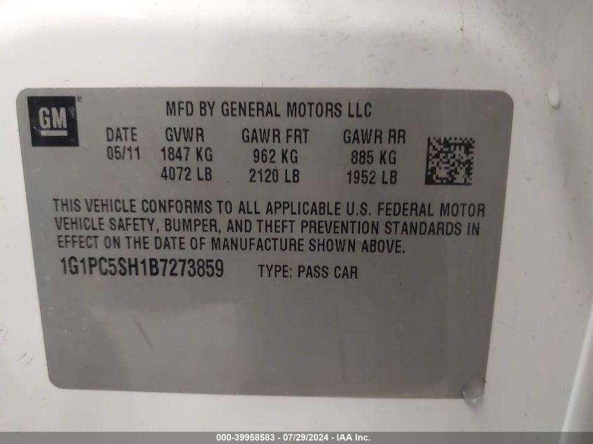 2011 Chevrolet Cruze Ls VIN: 1G1PC5SH1B7273859 Lot: 39958583