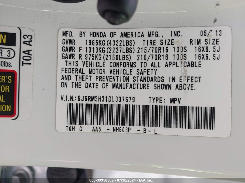 2013 Honda Cr-V Lx VIN: 5J6RM3H31DL037679 Lot: 39958589