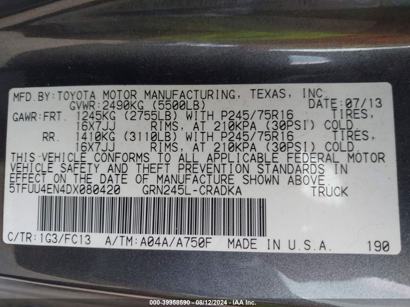 2013 Toyota Tacoma Base V6 VIN: 5TFUU4EN4DX080420 Lot: 39958590