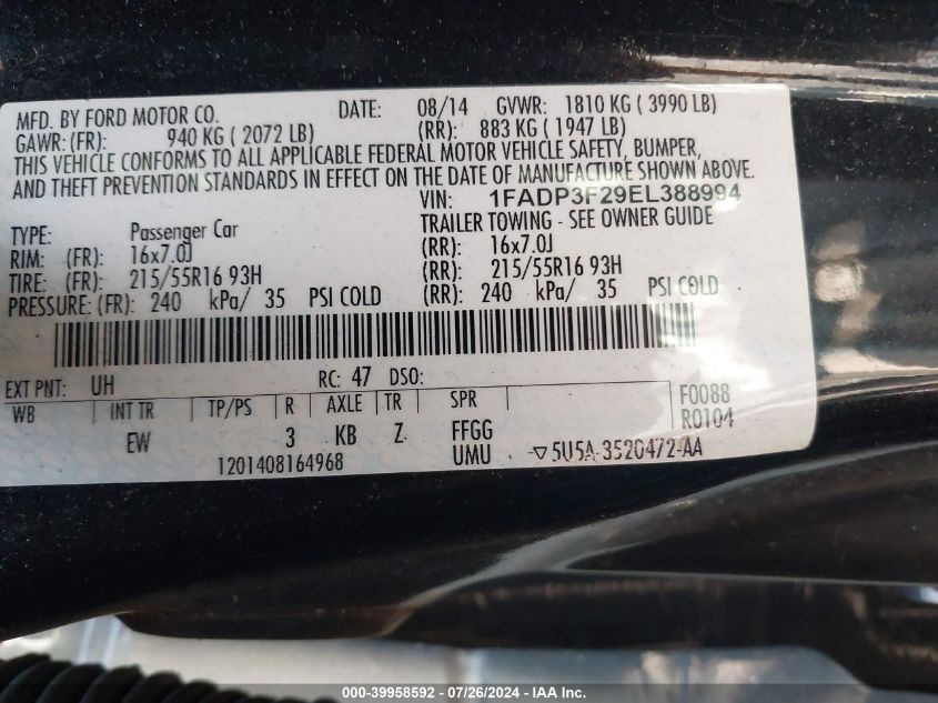 1FADP3F29EL388994 2014 Ford Focus Se