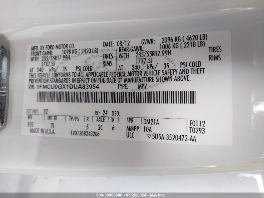 2013 Ford Escape Se VIN: 1FMCU0GX1DUA83954 Lot: 39958608