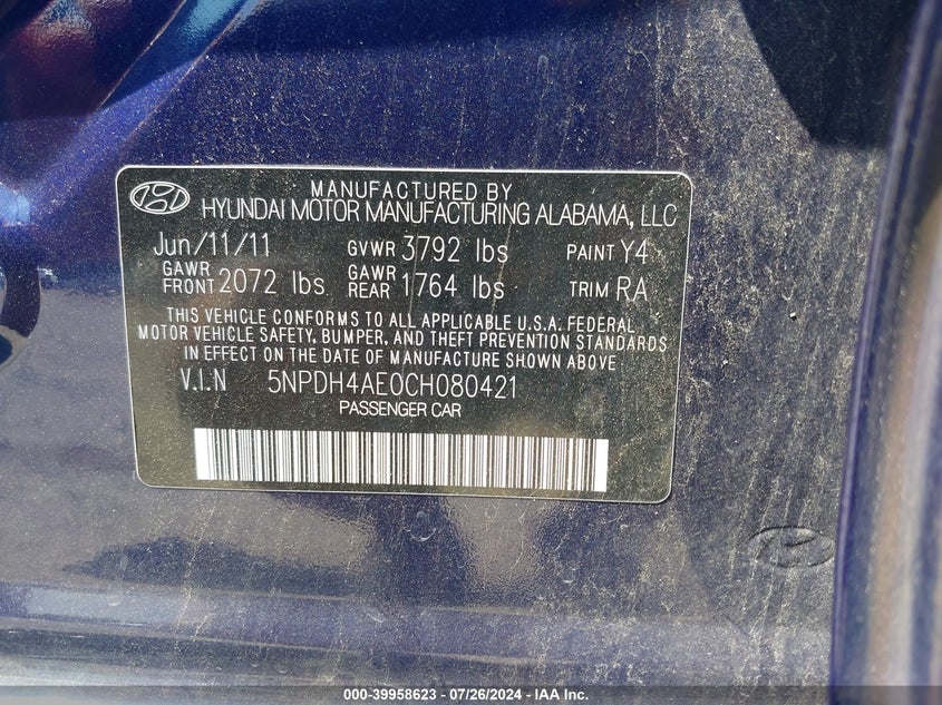 2012 Hyundai Elantra Gls VIN: 5NPDH4AE0CH080421 Lot: 39958623