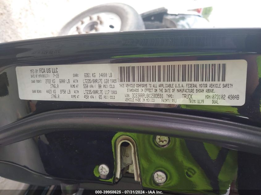 2019 Ram 3500 Limited Mega Cab 4X4 6'4 Box VIN: 3C63RRPL6KG583591 Lot: 39958625