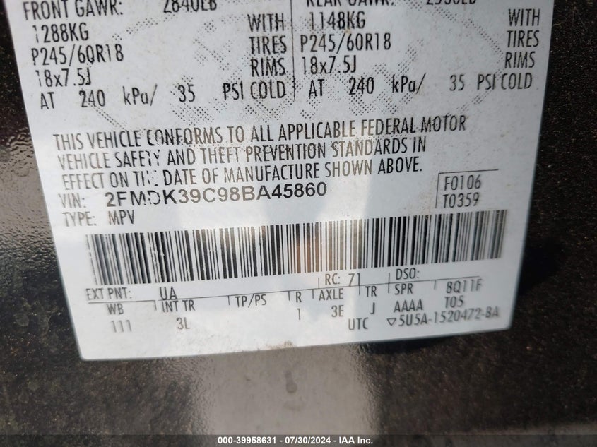 2008 Ford Edge Limited VIN: 2FMDK39C98BA45860 Lot: 39958631