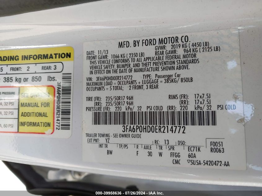 2014 Ford Fusion Se VIN: 3FA6P0HD0ER214772 Lot: 39958636