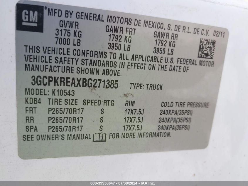 2011 Chevrolet Silverado 1500 Ls VIN: 3GCPKREAXBG271385 Lot: 39958647