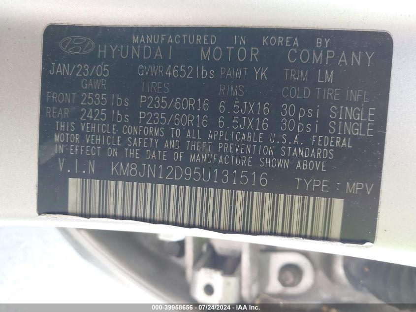 2005 Hyundai Tucson Gls/Lx VIN: KM8JN12D95U131516 Lot: 39958656