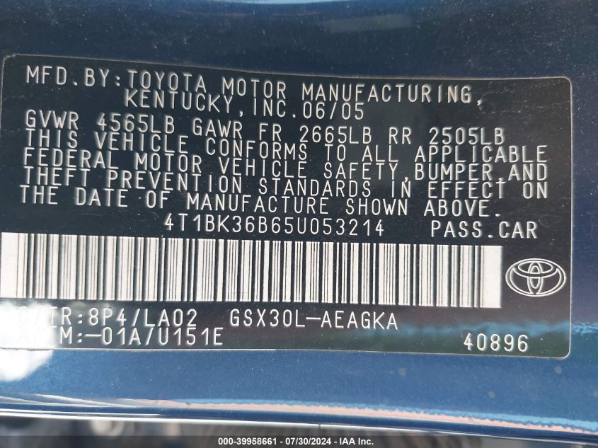 2005 Toyota Avalon Xls VIN: 4T1BK36B65U053214 Lot: 39958661