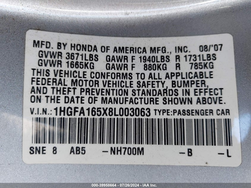 2008 Honda Civic Sdn Lx VIN: 1HGFA165X8L003063 Lot: 39958664