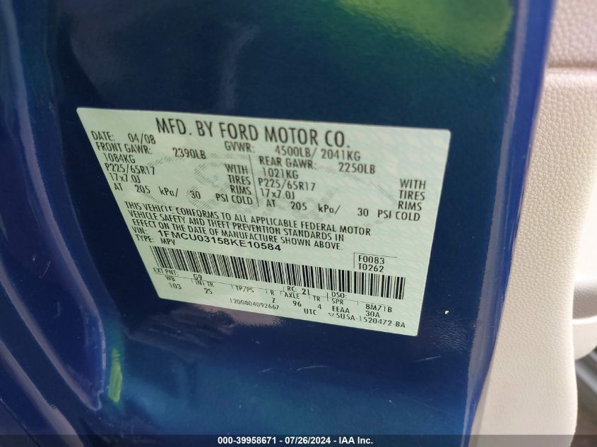 2008 Ford Escape Xlt VIN: 1FMCU03158KE10584 Lot: 39958671