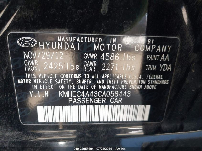 2012 Hyundai Sonata Hybrid VIN: KMHEC4A43CA058443 Lot: 39958694