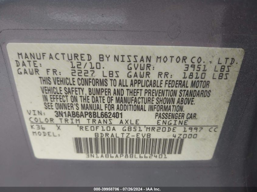 2011 Nissan Sentra 2.0S VIN: 3N1AB6AP8BL662401 Lot: 39958706