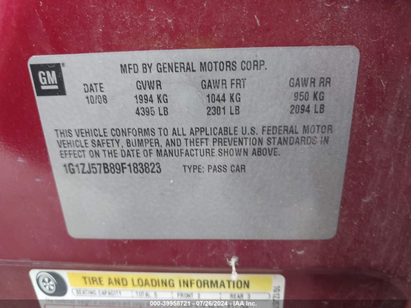 2009 Chevrolet Malibu 2Lt VIN: 1G1ZJ57B89F183823 Lot: 39958721