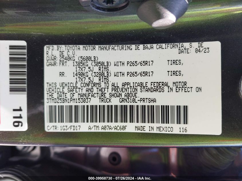 2023 Toyota Tacoma Trd Sport VIN: 3TMDZ5BN1PM153037 Lot: 39958730