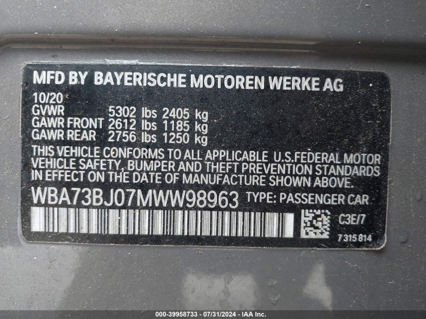 WBA73BJ07MWW98963 2021 BMW 540I xDrive