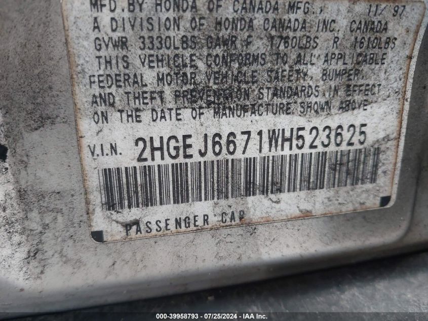 1998 Honda Civic Lx VIN: 2HGEJ6671WH523625 Lot: 39958793