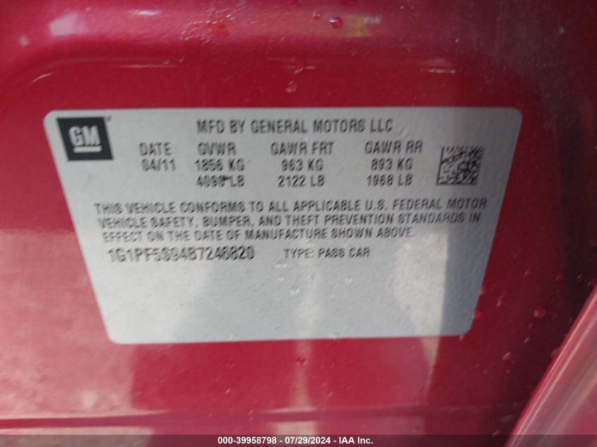 2011 Chevrolet Cruze 1Lt VIN: 1G1PF5S94B7246820 Lot: 39958798