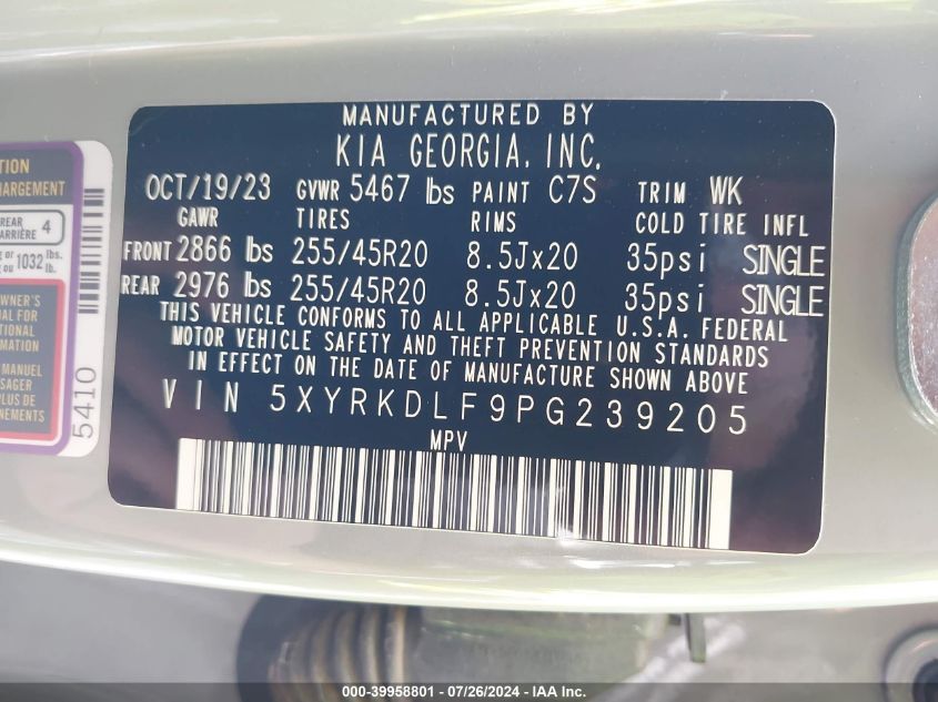 2023 Kia Sorento Sx VIN: 5XYRKDLF9PG239205 Lot: 39958801